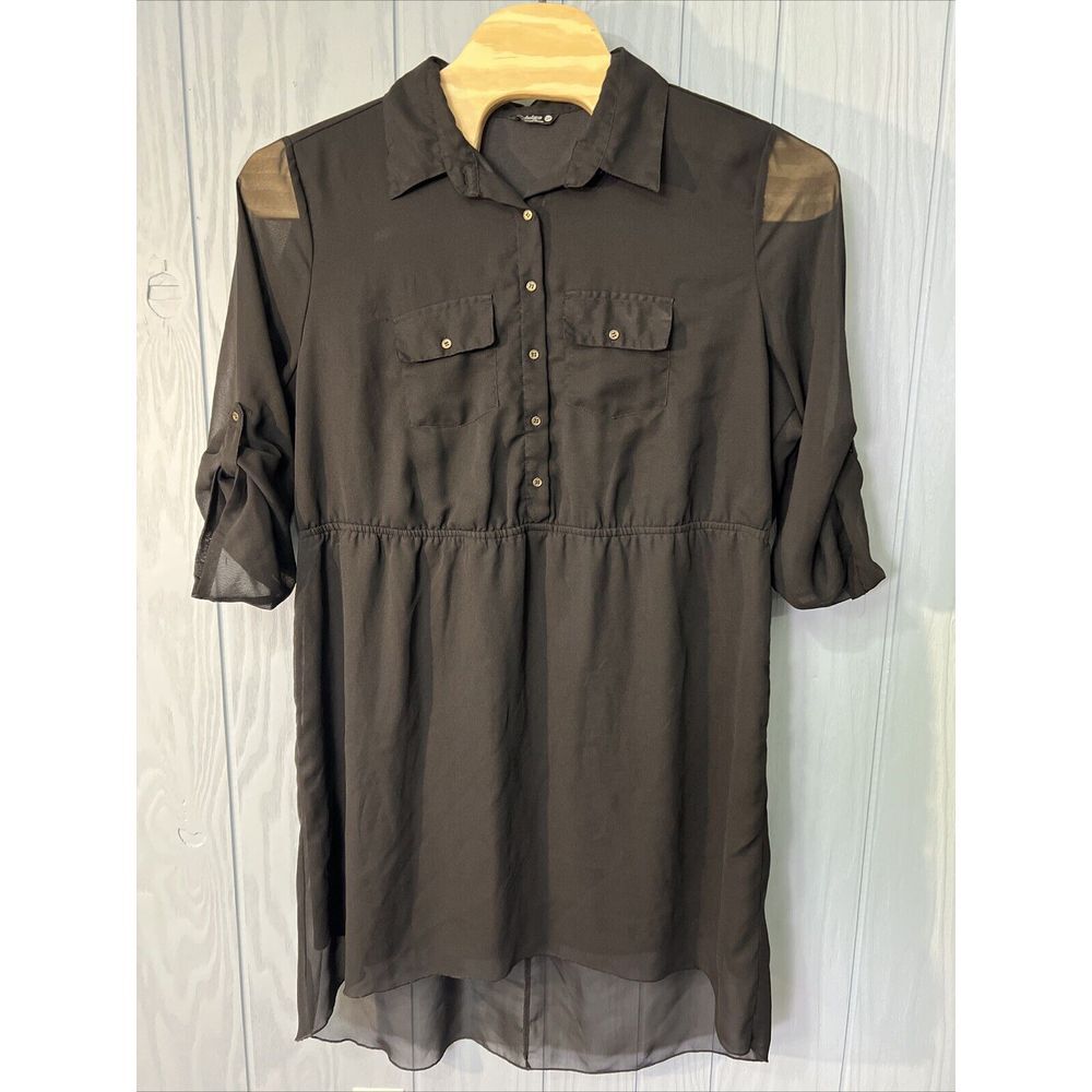 Indulge Women Black 3/4 Sleeve Banded‎ Waist Collared Button Down Dress Size 3XL